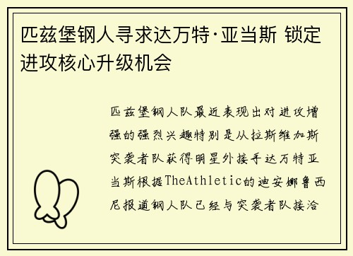 匹兹堡钢人寻求达万特·亚当斯 锁定进攻核心升级机会